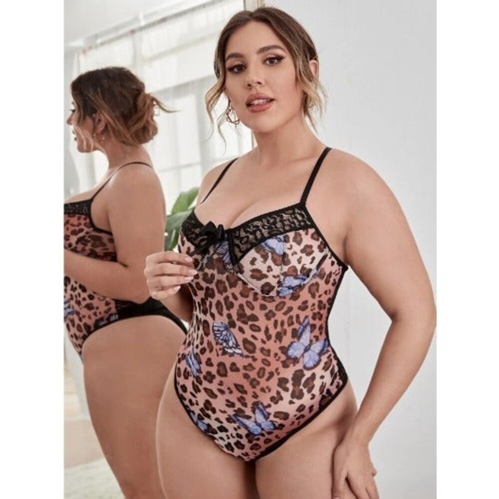 16 Plus (2X) Leopard Contrast Lace Teddy Bodysuit